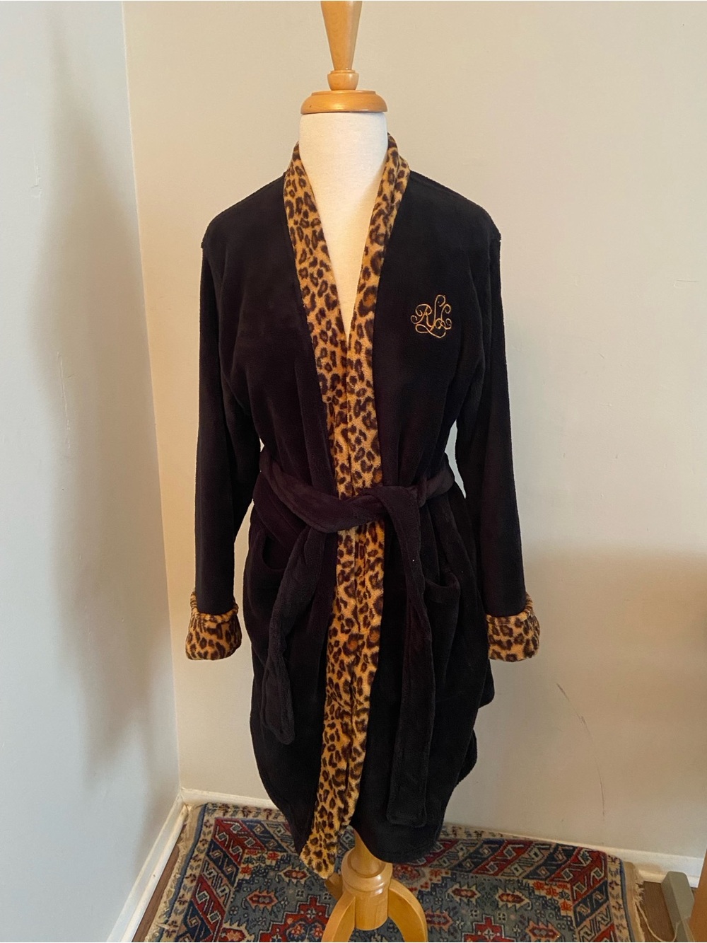 Polo by Ralph Lauren Black Plush Robe with Leopard Trim